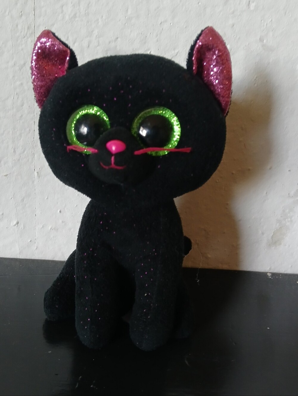 Ty Black Plush Cat Toy with Green Glitter Eyes and Pink Glitter Ears